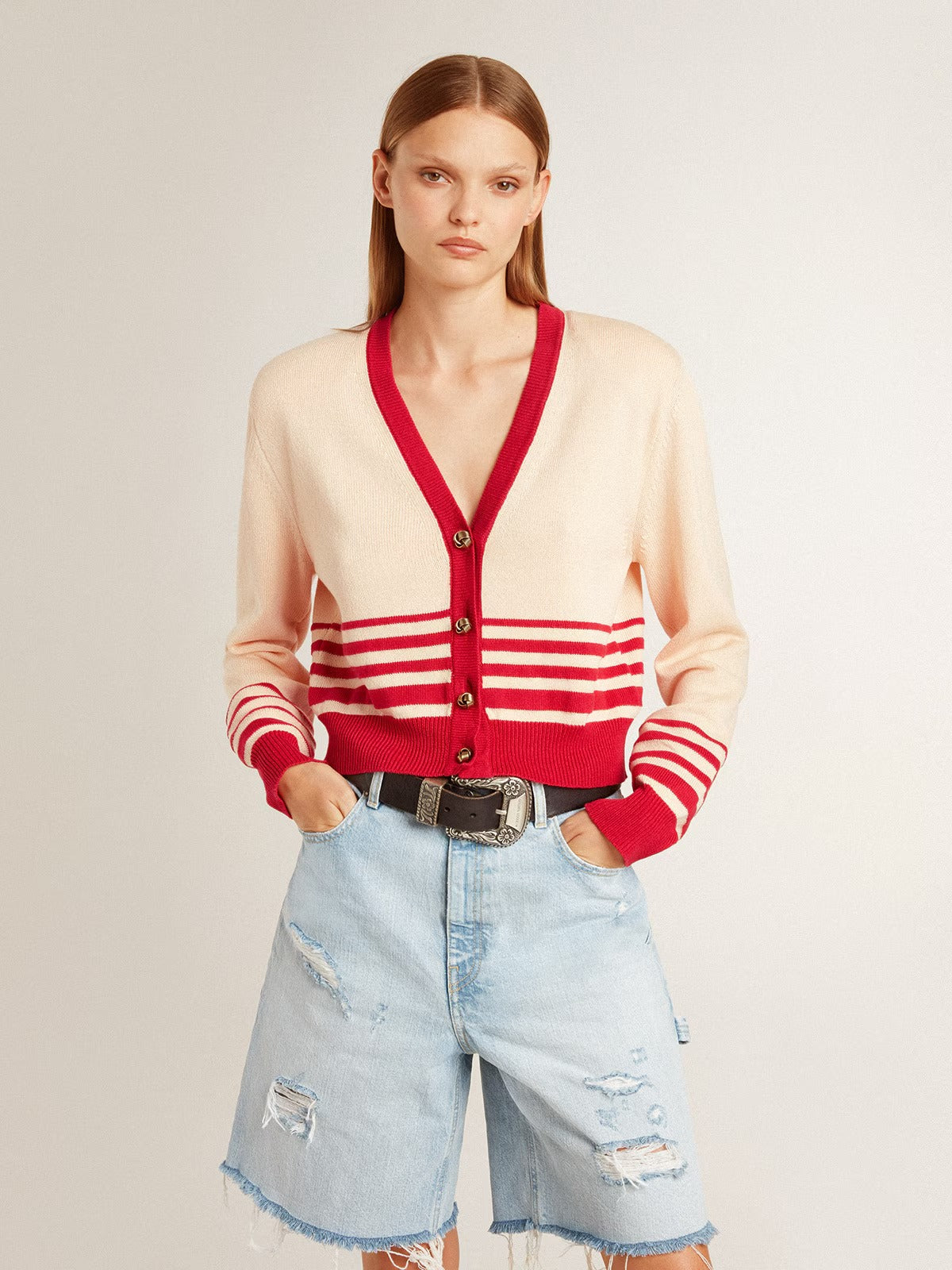 Journey W Knit Cropped Cardigan Striped